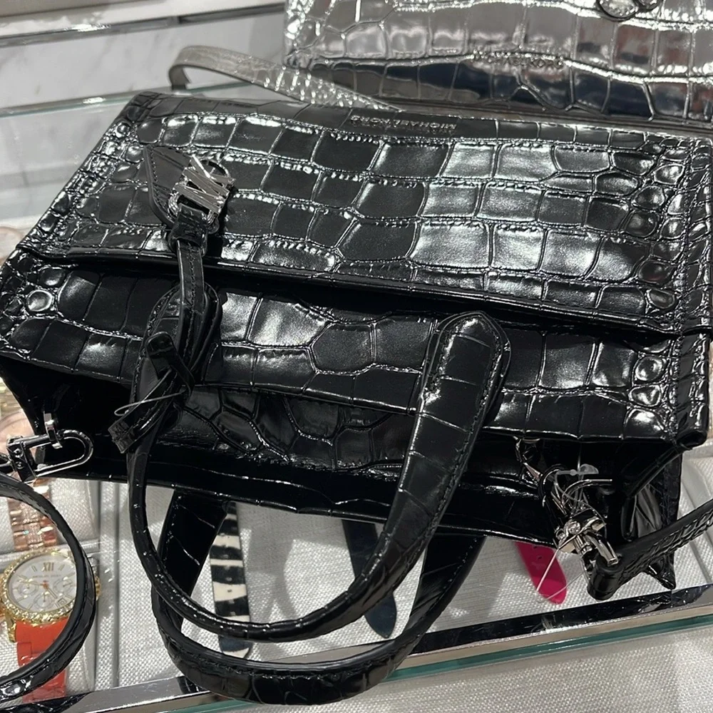 Michael Kors Gigi Small Crocodile Embossed Leather Messenger Bag Black NWT